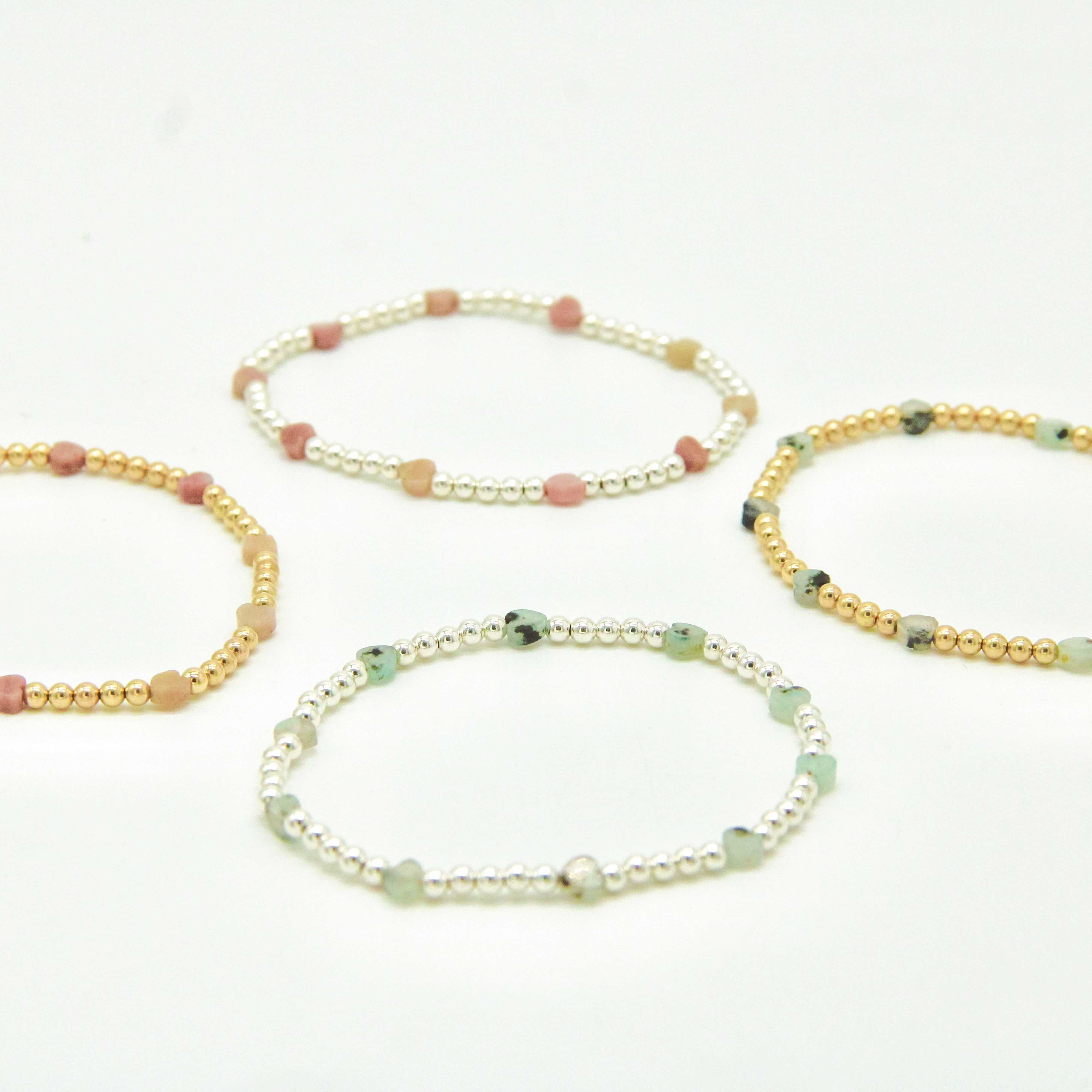 gold filled bracelet, sterling silver bracelet, beaded bracelet, stretchy bracelet, mini heart bracelet, valentines bracelet