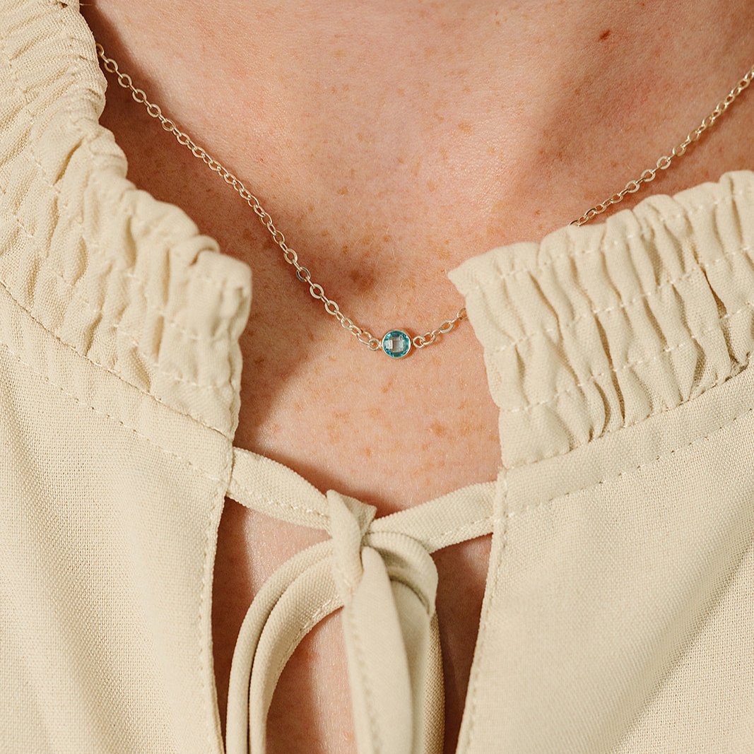 blue zirconia birthstone necklace, birthstone necklace, necklace, cable chain necklace, sterling silver necklace, essbe, michigan made