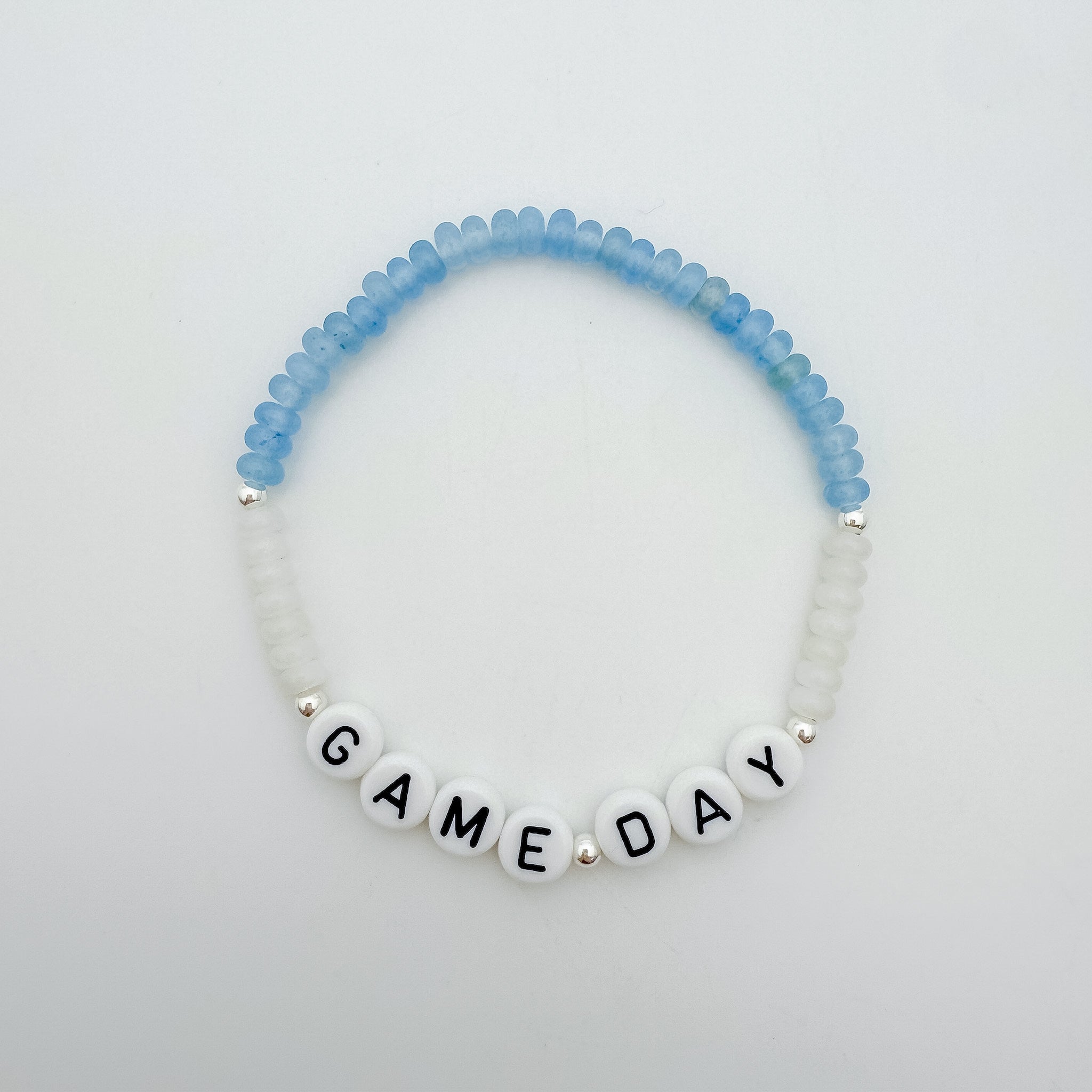 Lions bracelet, small business, handmade, Michigan made, blue and white jewelry, 14k gold filled jewelry, .925 sterling silver jewelry, game day bracelet, football accessories, Lions accessories, Lion pride, waterproof jewelry, game day collection, elastic bracelet, stretchy bracelet