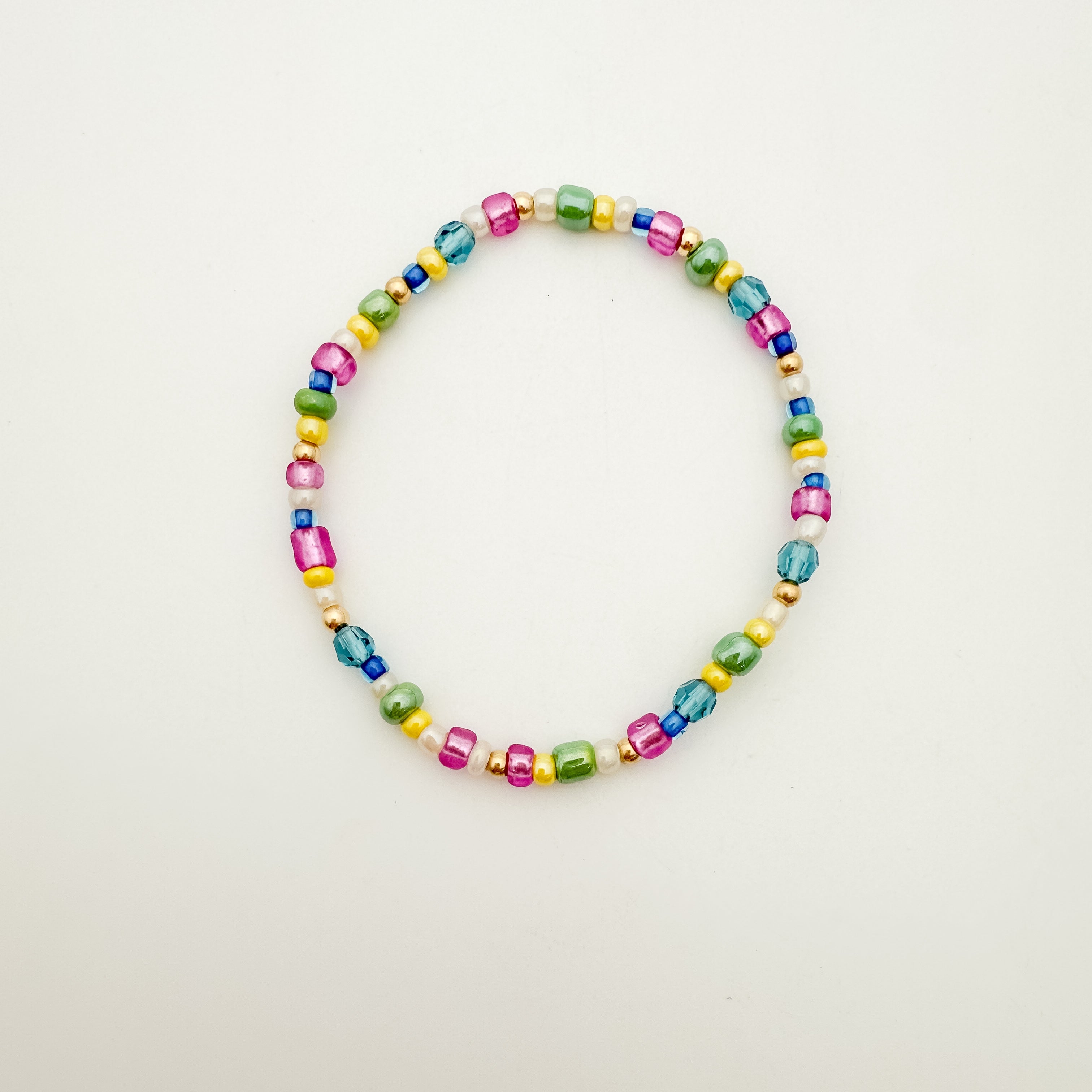 colorful bracelet, beaded bracelet, elastic bracelet, handmade bracelet, hand beaded bracelet, small business, Michigan made, sterling silver jewelry, summer bracelet, 14k gold-filled bracelet