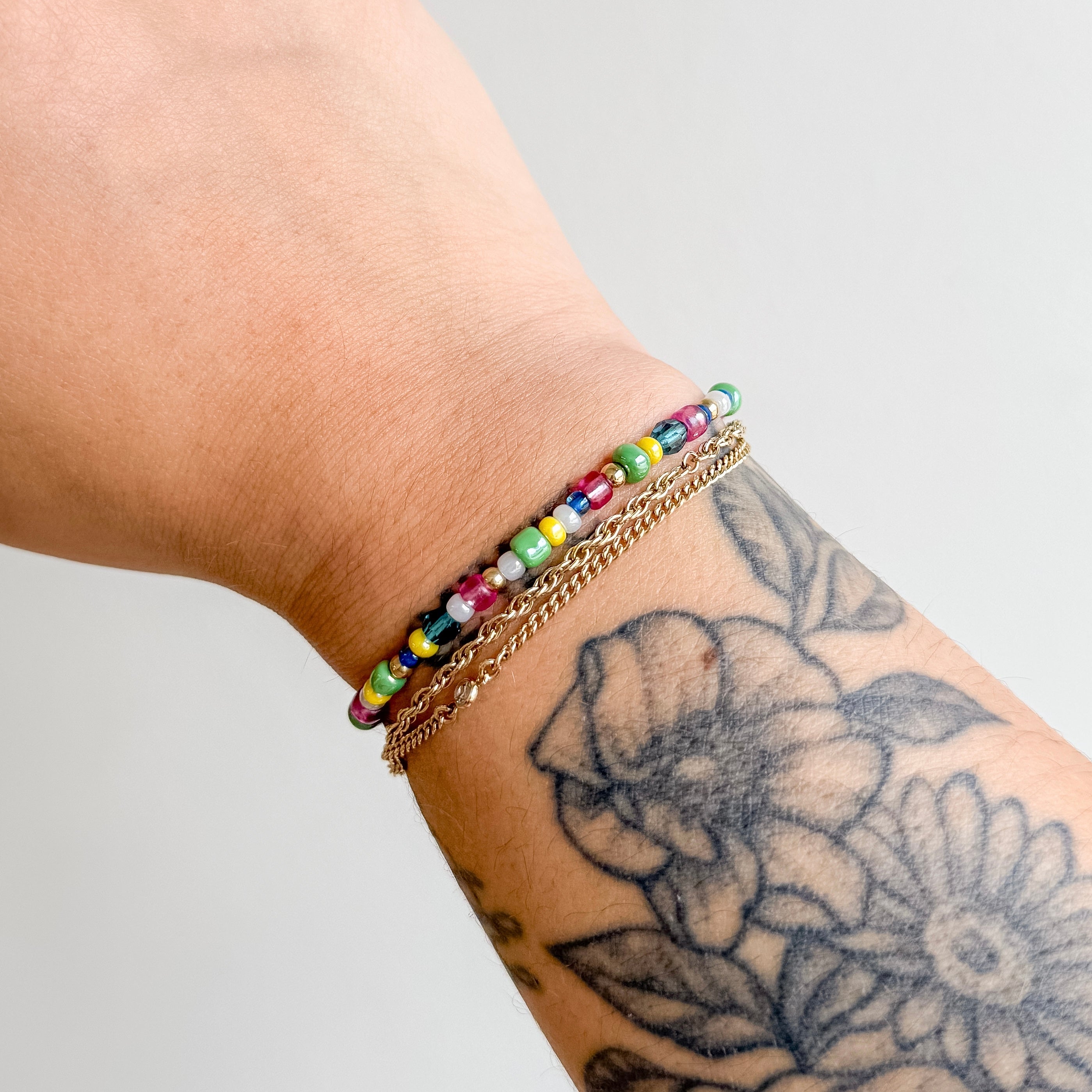 colorful bracelet, beaded bracelet, elastic bracelet, handmade bracelet, hand beaded bracelet, small business, Michigan made, sterling silver jewelry, summer bracelet, bracelet stack inspo