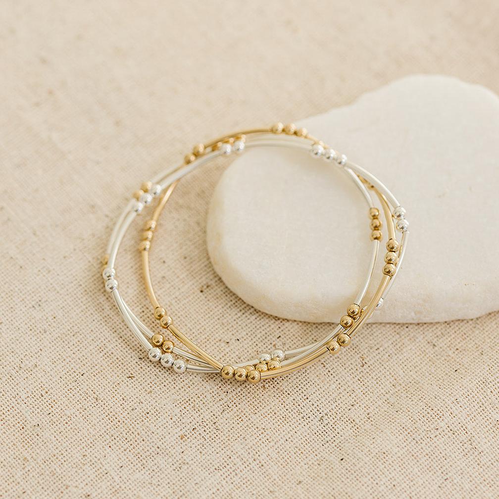 14k gold-filled beaded bracelet, bracelet with texture, bracelet stack, essbe, michigan made, mixed metal bracelet, sterling silver bracelet, handmade, small business, elastic bracelet