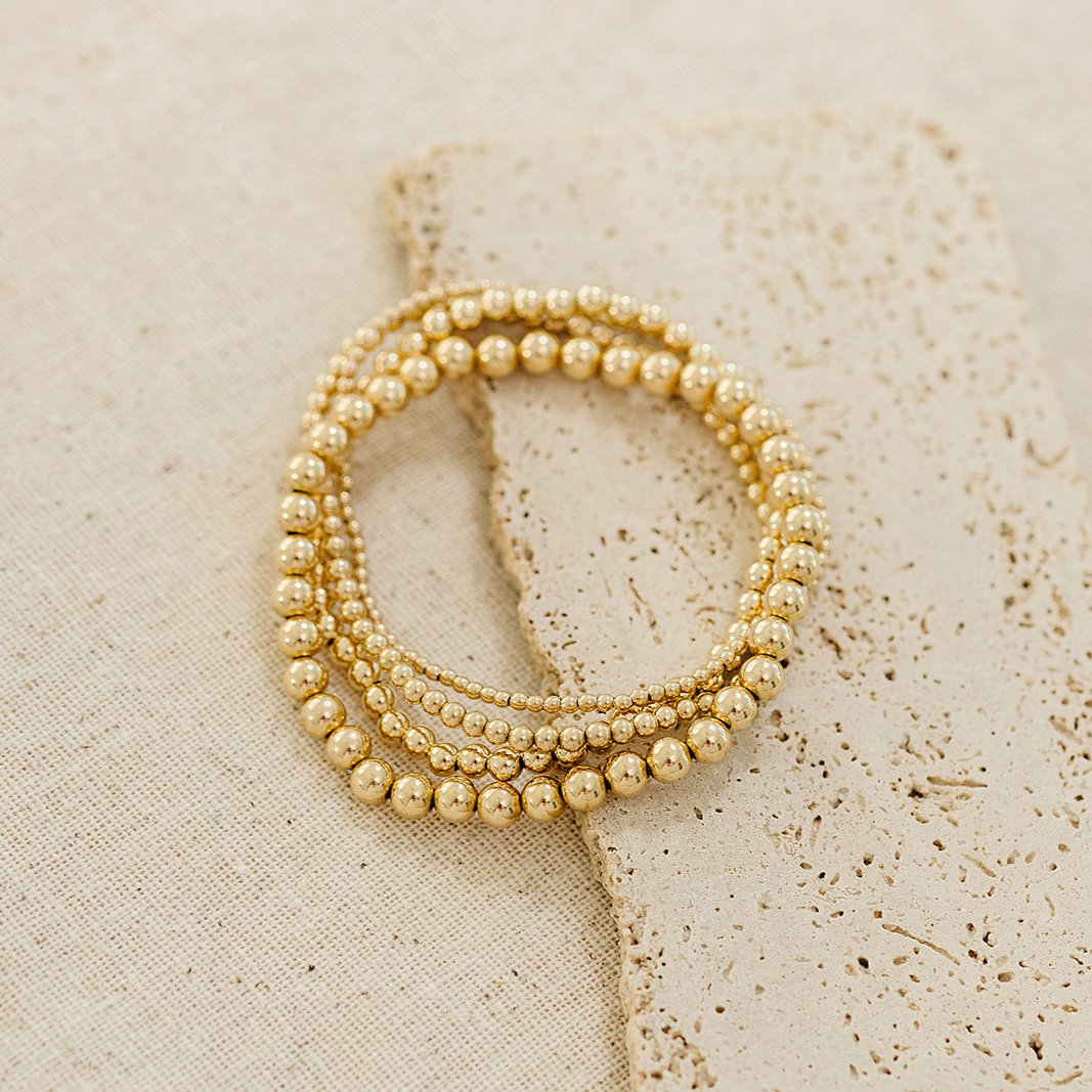 emma beaded bracelet, gold-filled beaded bracelet, elastic bracelet, handmade, small business, 5mm beaded bracelet, 4mm beaded bracelet, 3mm beaded bracelet, 2mm beaded bracelet, trendy bracelet, best seller, gifts for her, fancy bracelet