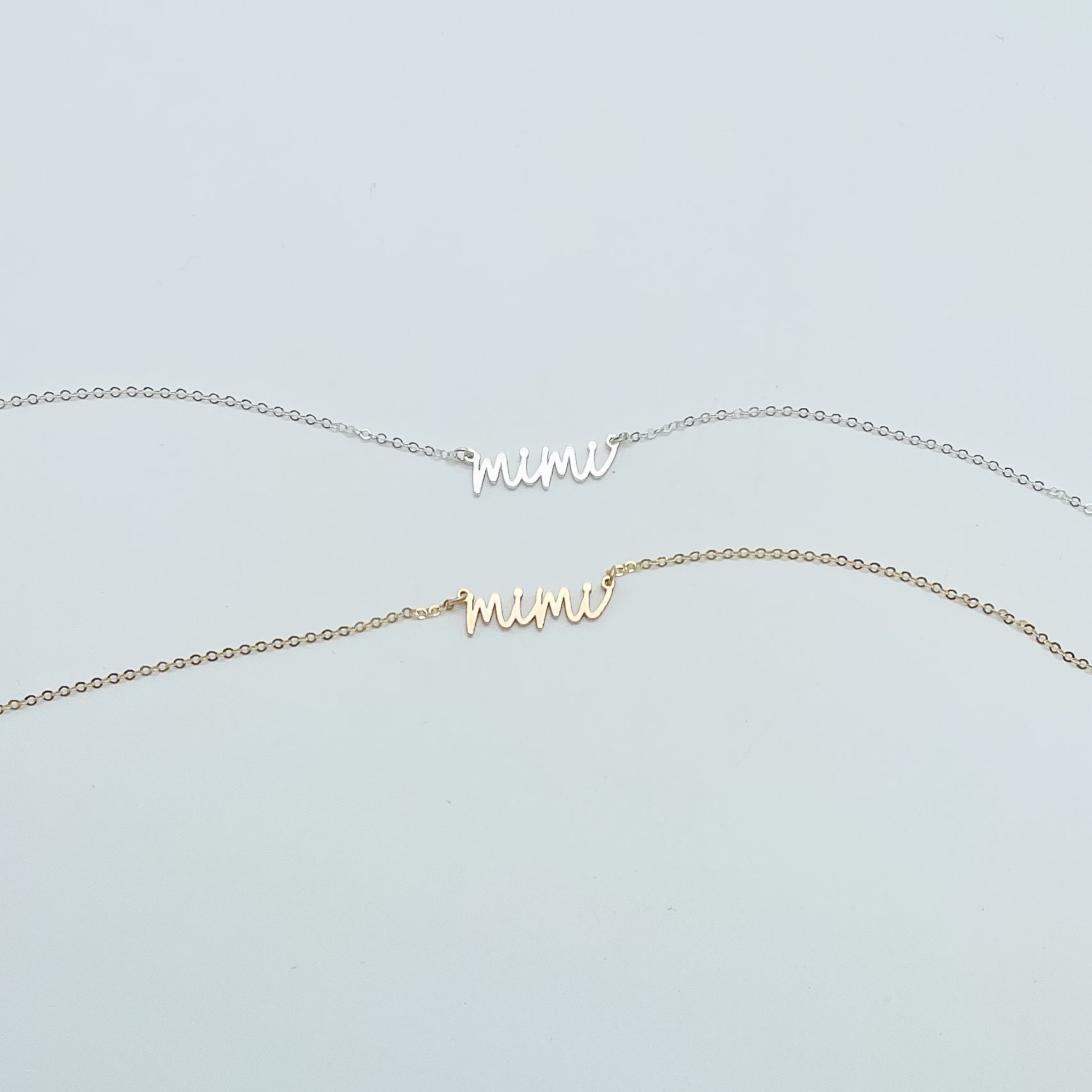necklace for grandmas, mimi necklace, dainty necklace, small business, handmade, gifts for mom, grandma gifts, jewelry for grandma, simple necklace, 14k gold-filled necklace, sterling silver necklace, waterproof jewelry, michigan made