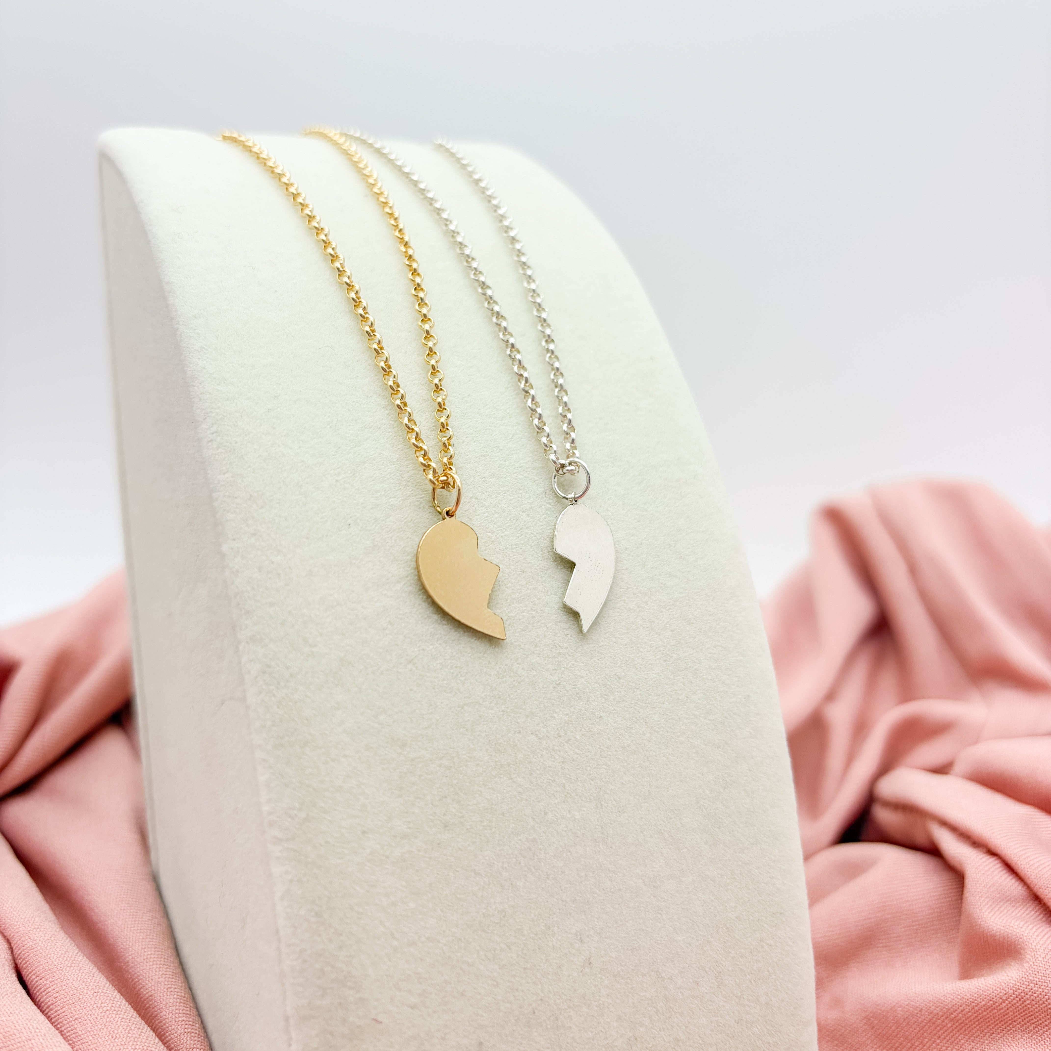 gold filled, sterling silver, necklace, chain necklace, split heart, heart charm, matching necklaces