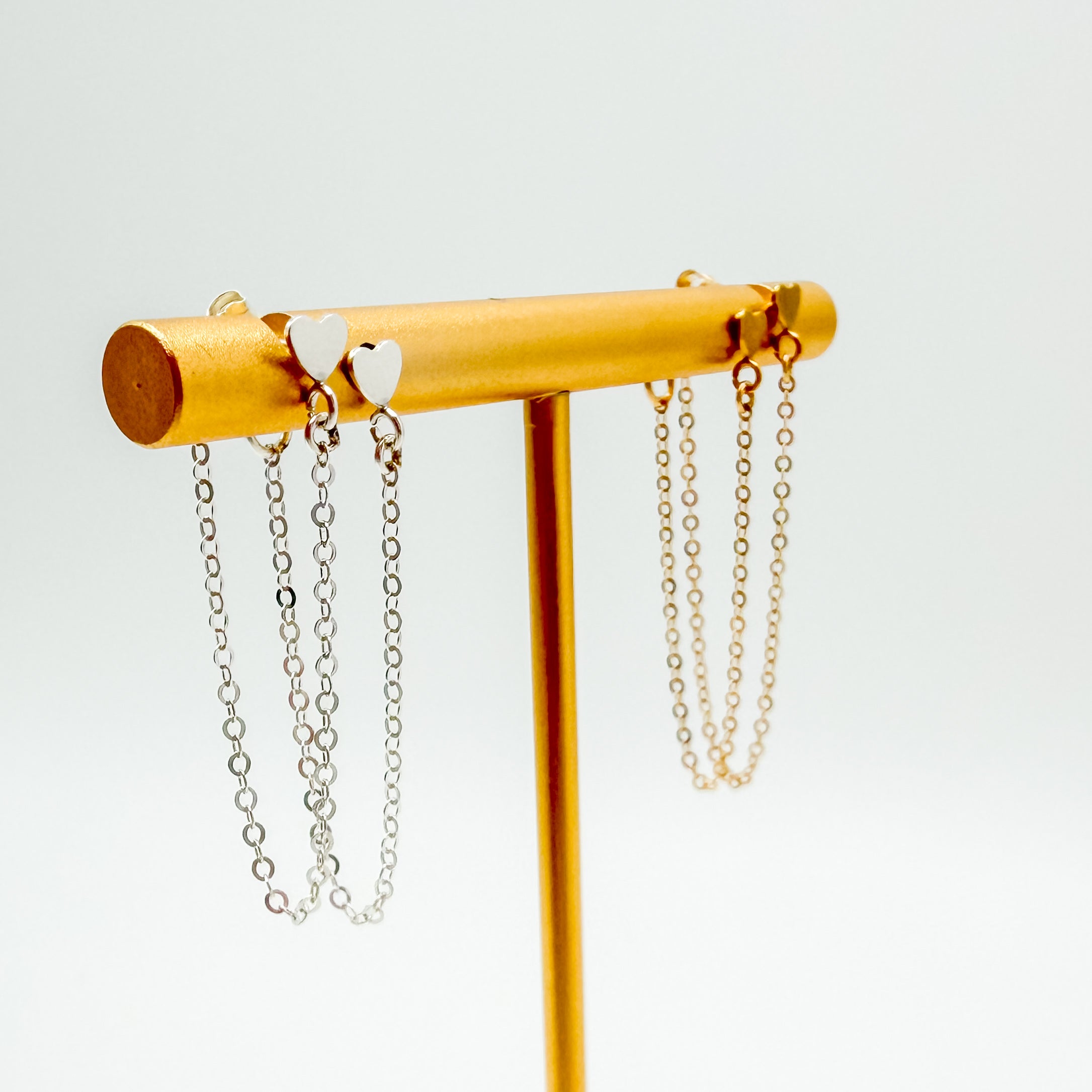 sterling silver chain earrings, gold-filled chain earrings, heart stud with drop chain earrings