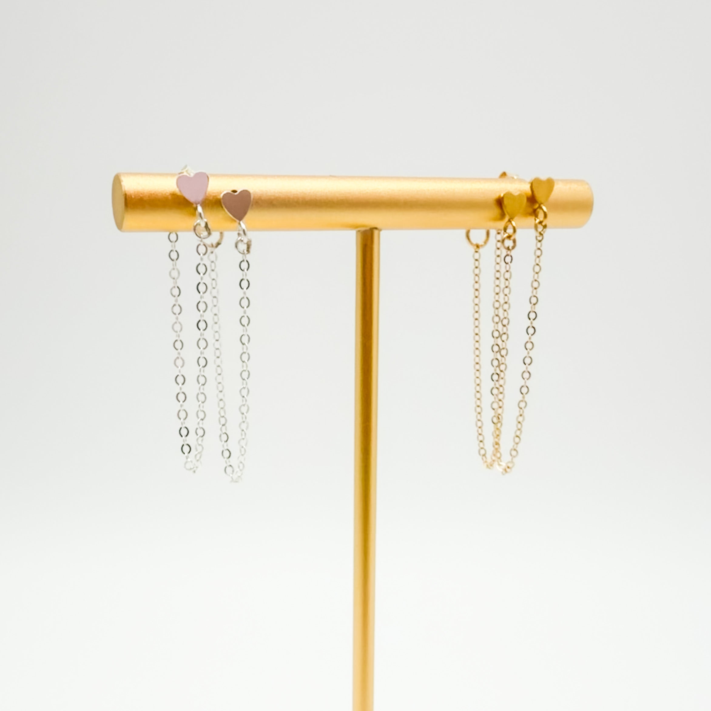 sterling silver chain earrings, gold-filled chain earrings, heart stud with drop chain earrings