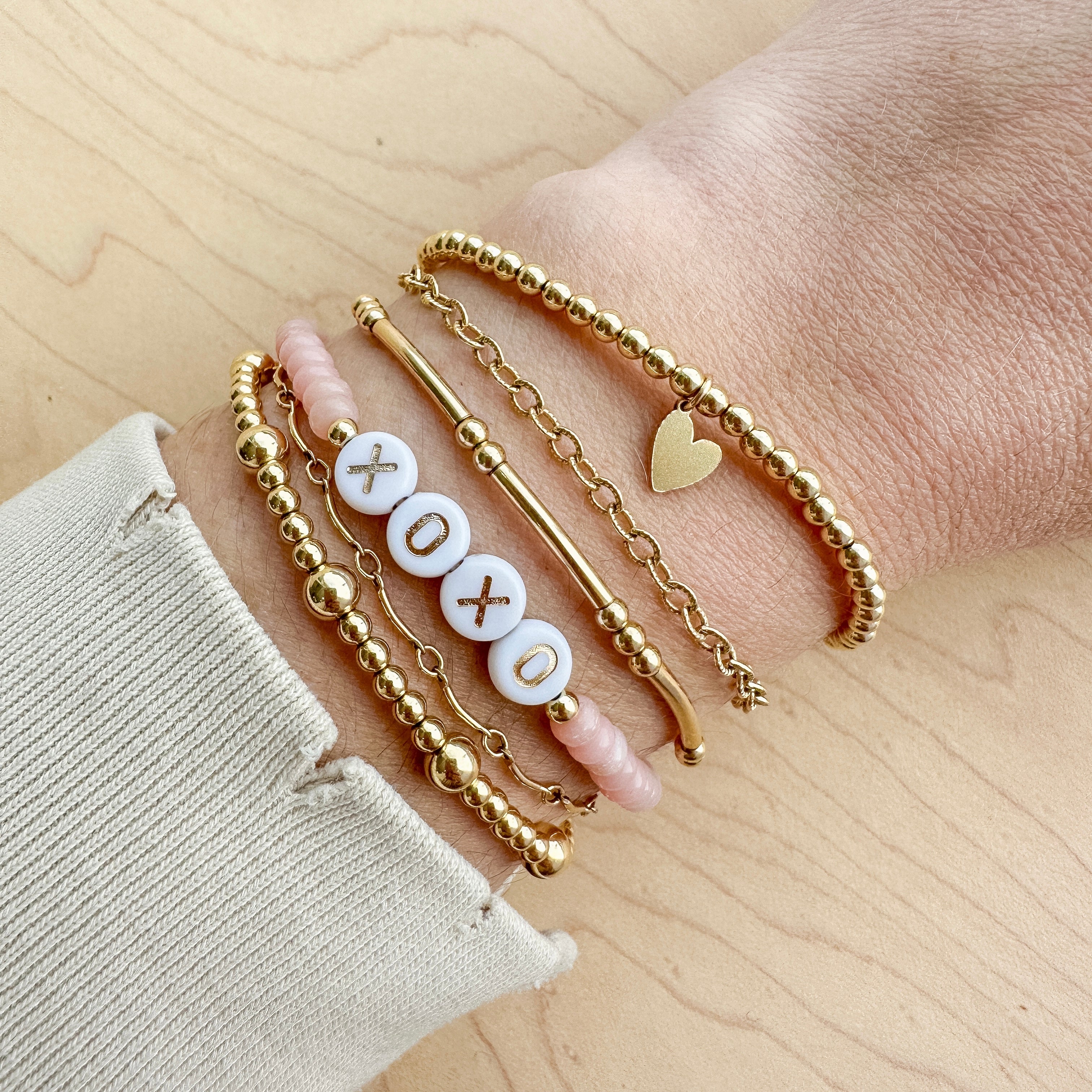 gold filled beaded bracelet, beaded bracelet, gold filled bracelet, waterproof bracelet, heart charm, heart bracelet, heart charm bracelet