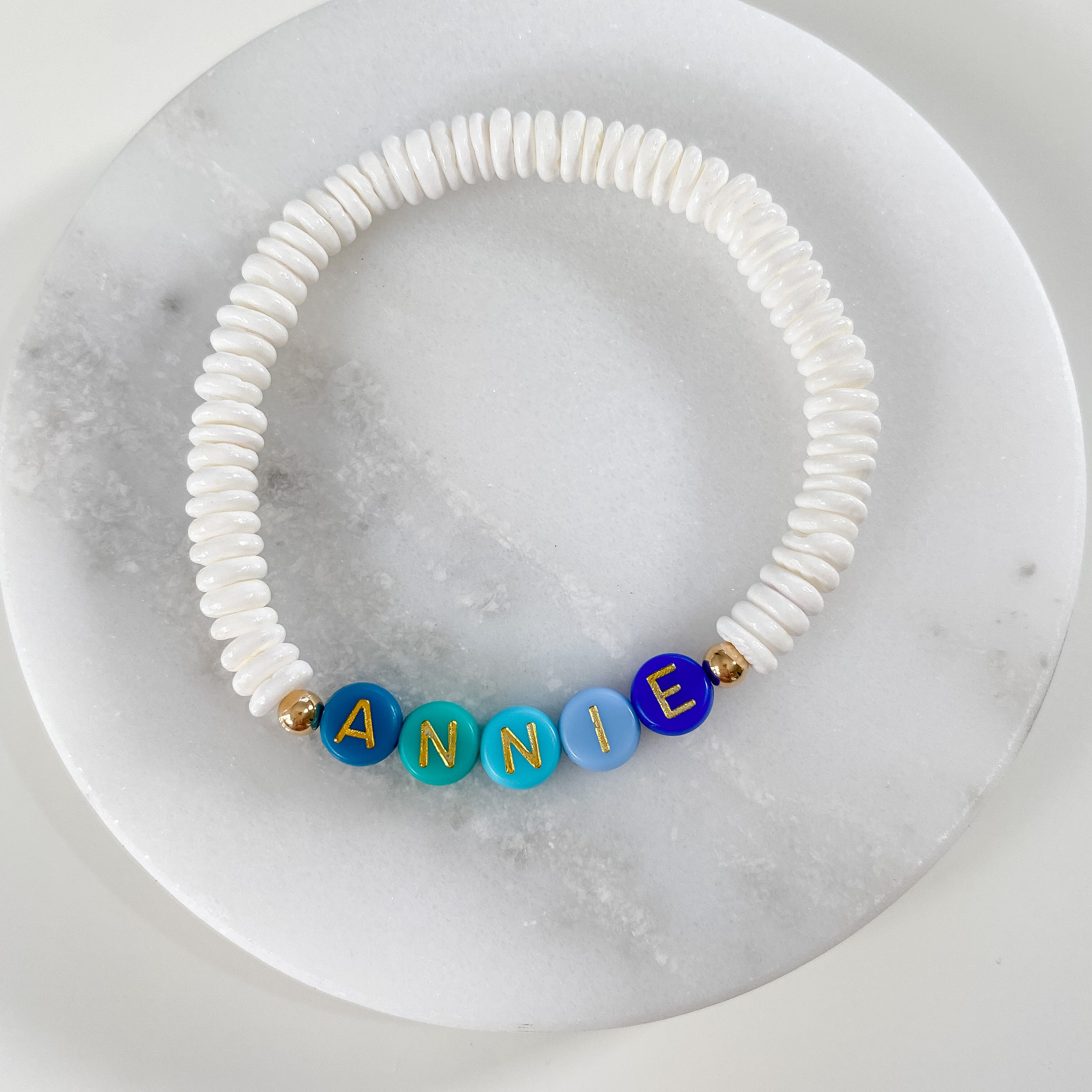 Personalized bracelets, elastic bracelets, beaded bracelet, gold-filled bracelet, dainty bracelet, handmade, essbe, small business, name bracelet, letter bead bracelets