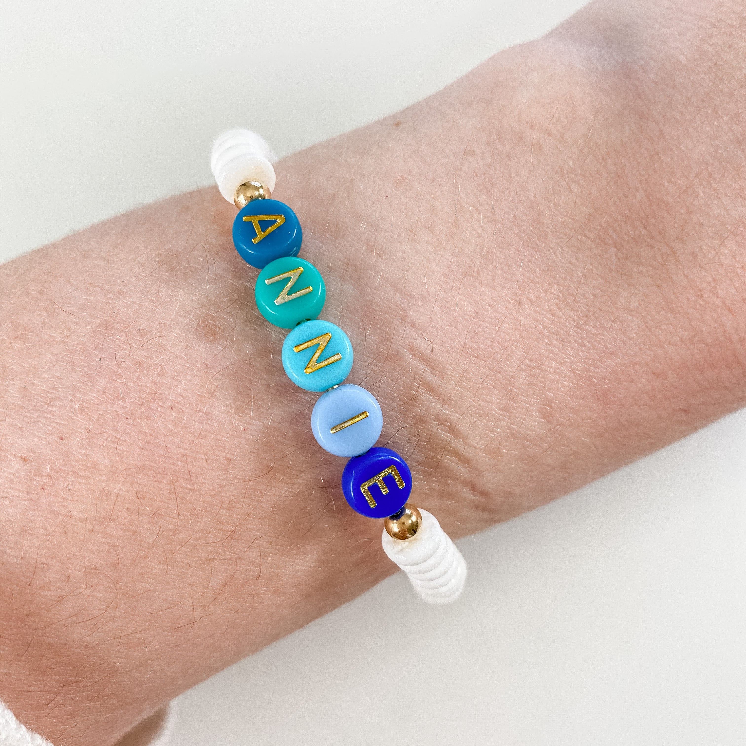 Personalized bracelets, elastic bracelets, beaded bracelet, gold-filled bracelet, dainty bracelet, handmade, essbe, small business, name bracelet, letter bead bracelets