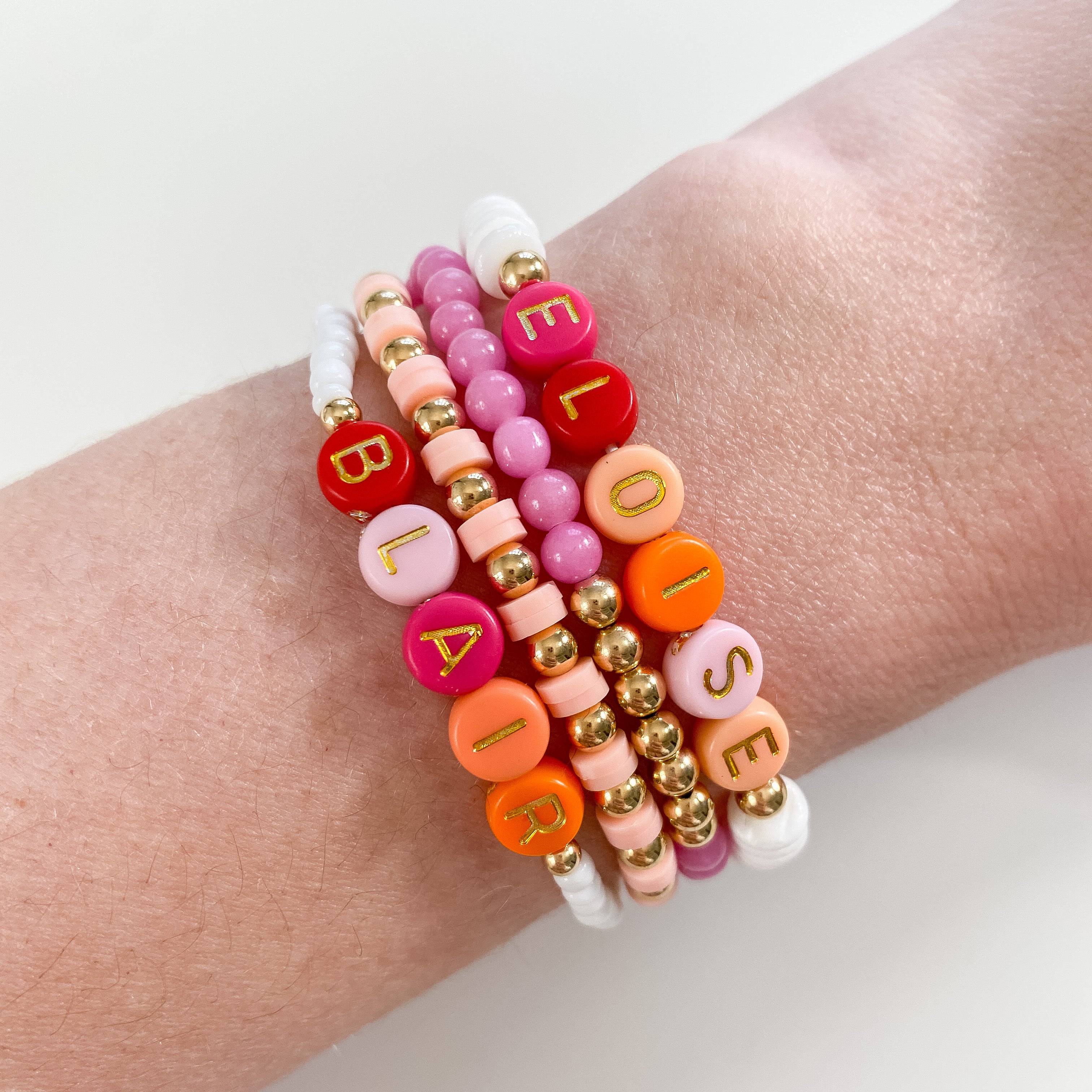 Personalized bracelets, elastic bracelets, beaded bracelet, gold-filled bracelet, dainty bracelet, handmade, essbe, small business, name bracelet, letter bead bracelets