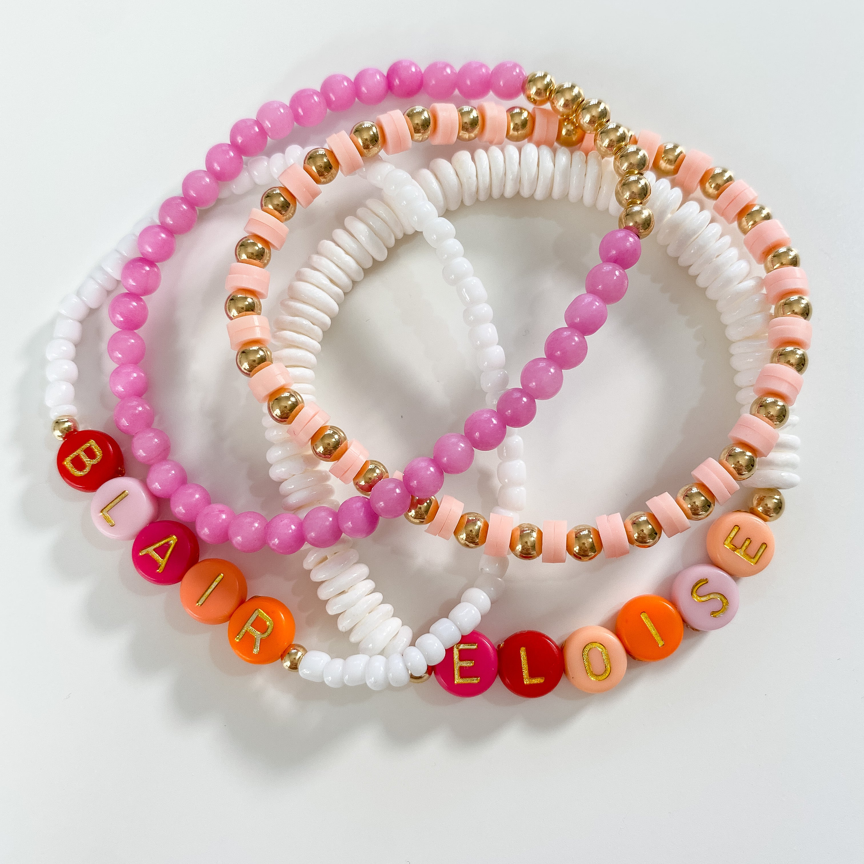 Personalized bracelets, elastic bracelets, beaded bracelet, gold-filled bracelet, dainty bracelet, handmade, essbe, small business, name bracelet, letter bead bracelets