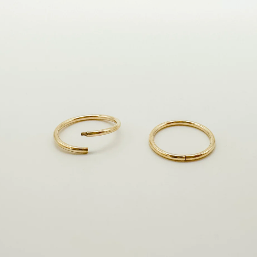 sleeper hoop earrings, 14k gold-filled, everyday earrings, everyday hoops, earrings with no back, earrings you can sleep in, essbe, michigan