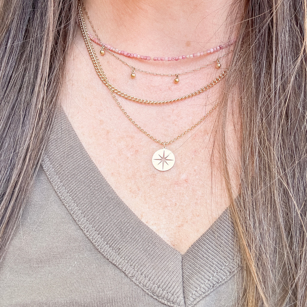compass charm necklace, 14k gold-filled, classic cable chain, michigan made, small business, essbe, necklace stack inspiration