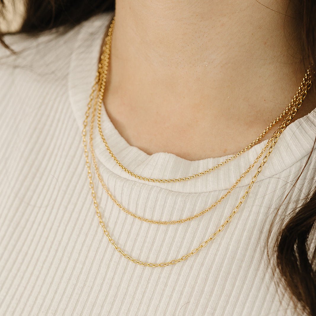 layered necklace, 3-in-1 necklace, 14k gold filled, sterlng silver, paperclip chain, rope chain, rolo chain, essbe, michigan made, small business, gift idea for her