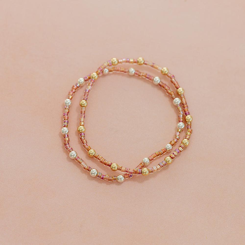 mauve beaded bracelet, mauve bracelet, gold filled bracelet, sterling silver bracelet, elastic bracelet, beaded bracelet, iridescent beads, pink bracelet, stackable bracelets, small business, essbe, handmade, michigan made, fall collection