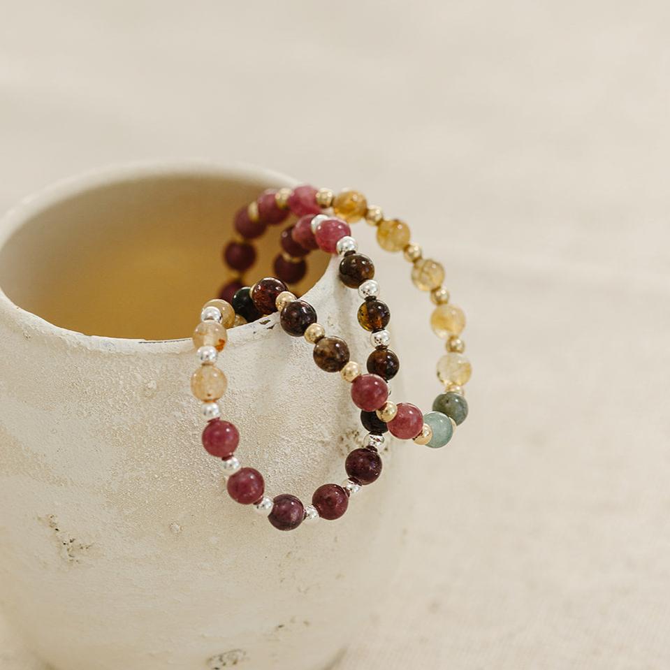 elastic bracelet, handmade, gold filled, 14k gold-filled, beaded bracelet, dainty, stackable jewelry, colorful bracelet, aurora beaded bracelet, small business, essbe, michigan made, fall collection