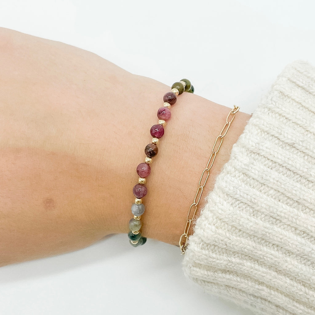 elastic bracelet, handmade, gold filled, 14k gold-filled, beaded bracelet, dainty, stackable jewelry, colorful bracelet, aurora beaded bracelet, small business, essbe, michigan made, fall collection