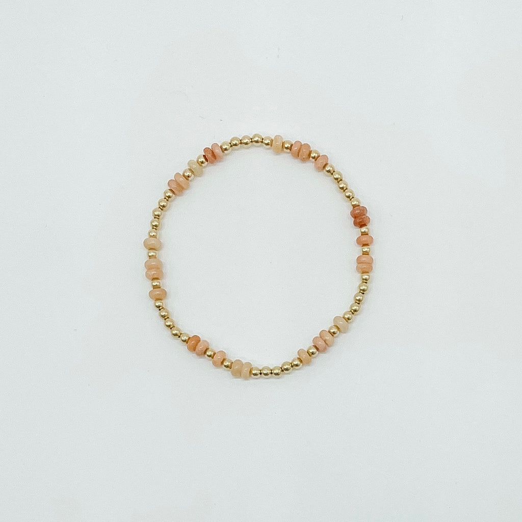 Autumn beaded bracelet, sunstone beaded bracelet, beaded bracelet, fall bracelet, fall collection, elastic bracelet, handmade, small business, 3mm gold filled beads, gold beaded bracelet, essbe, michigan made