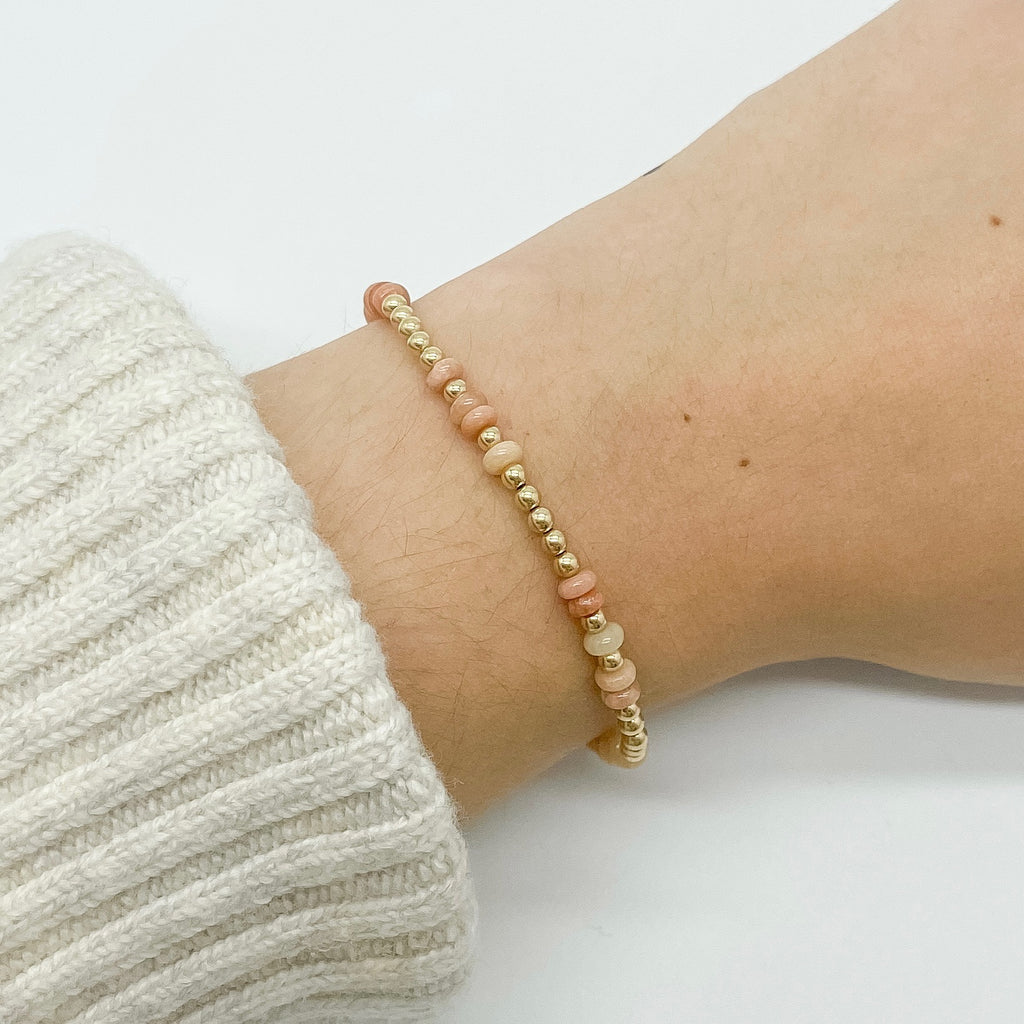 Autumn beaded bracelet, sunstone beaded bracelet, beaded bracelet, fall bracelet, fall collection, elastic bracelet, handmade, small business, 3mm gold filled beads, gold beaded bracelet, essbe, michigan made