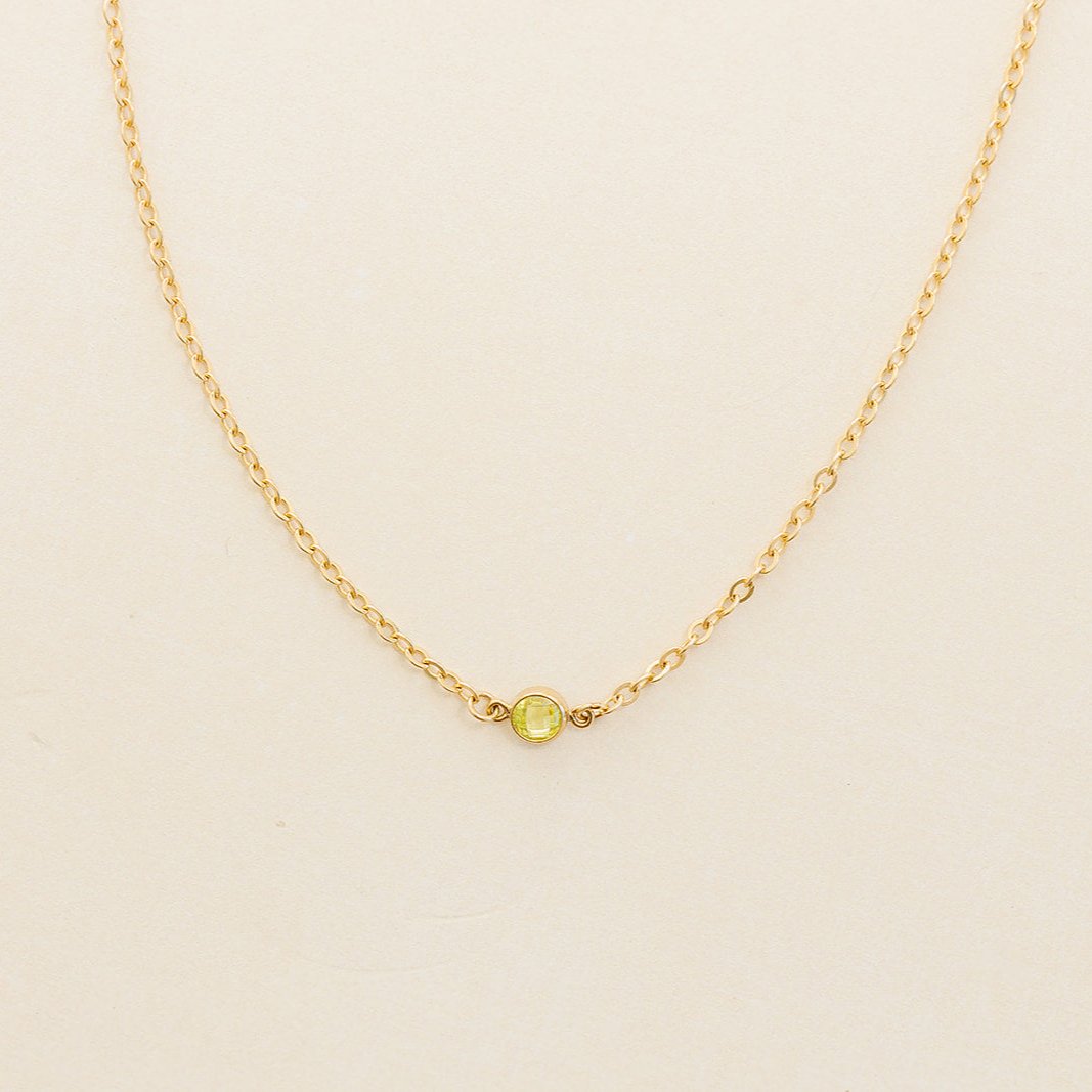 peridot birthstone necklace, birthstone, necklace, cable chain necklace, 14k gold-filled, essbe, michigan made