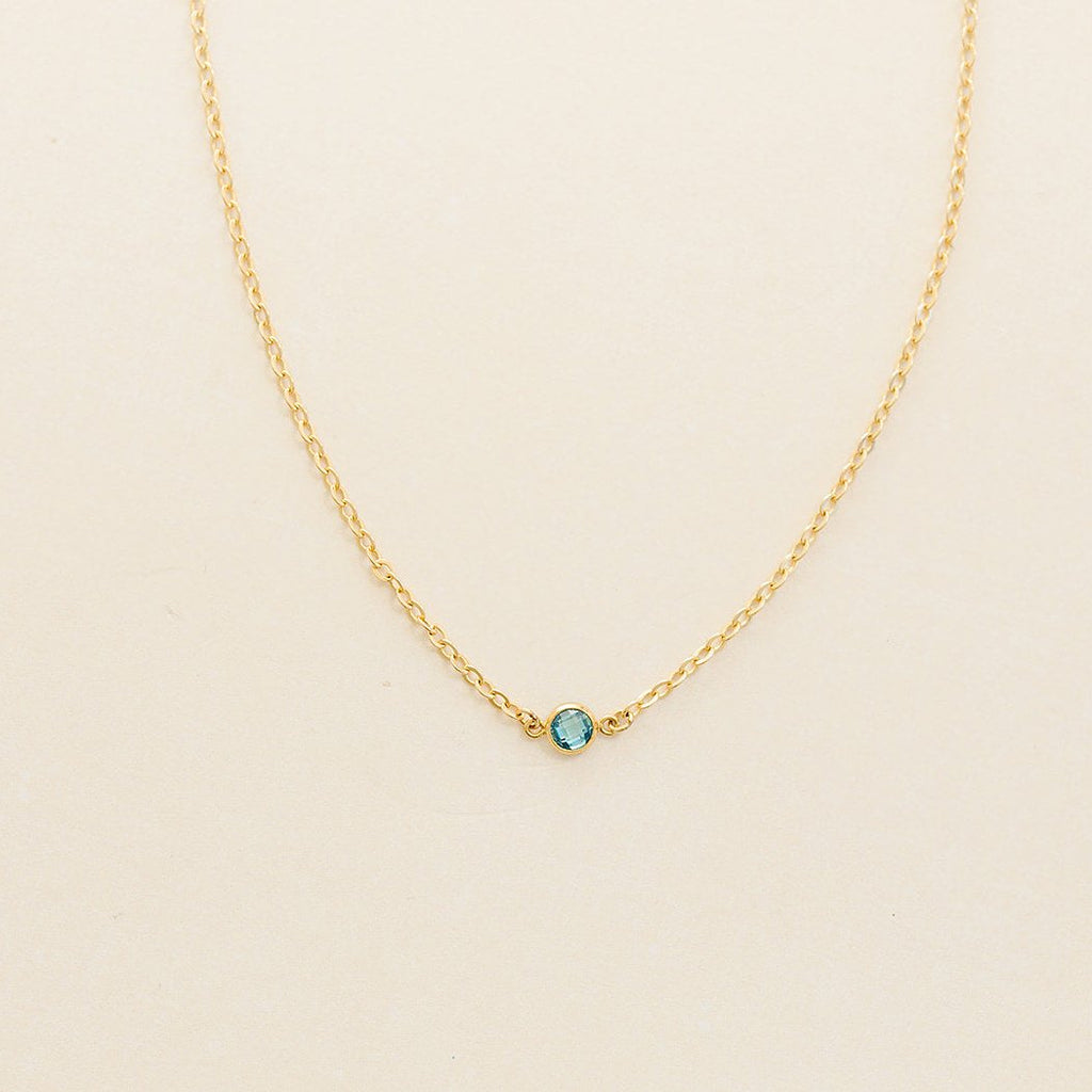 blue zirconia birthstone necklace, birthstone necklace, necklace, cable chain necklace, 14k gold-filled, essbe, michigan made