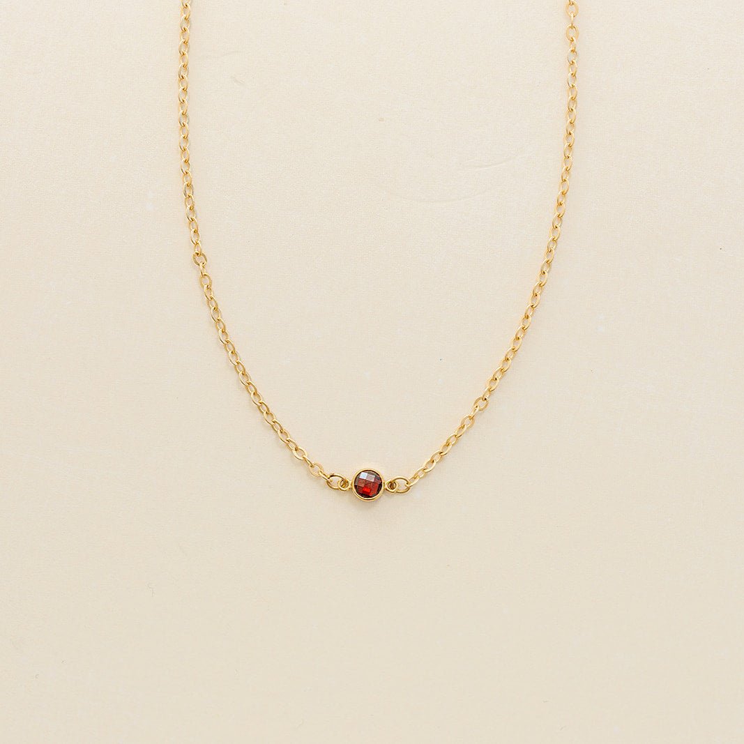 garnet birthstone necklace, essbe, rochester michigan, small business, handmade, birthstone connector, dainty jewelry, january birthstone necklace, gold-filled necklace