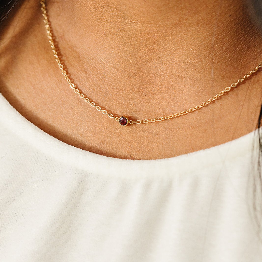 garnet birthstone necklace, essbe, rochester michigan, small business, handmade, birthstone connector, dainty jewelry, january birthstone necklace, gold-filled necklace