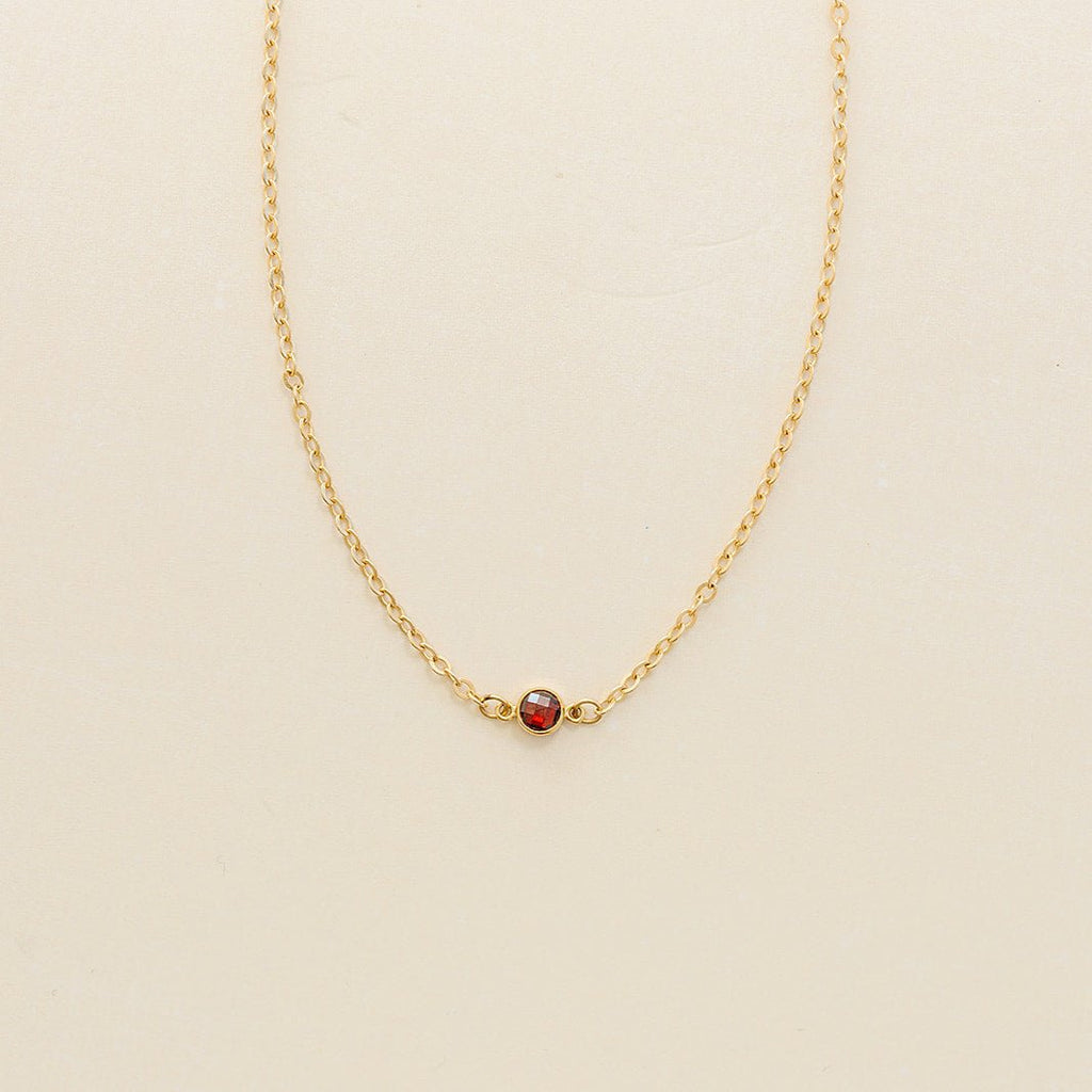 garnet birthstone necklace, essbe, rochester michigan, small business, handmade, birthstone connector, dainty jewelry, january birthstone necklace, gold-filled necklace