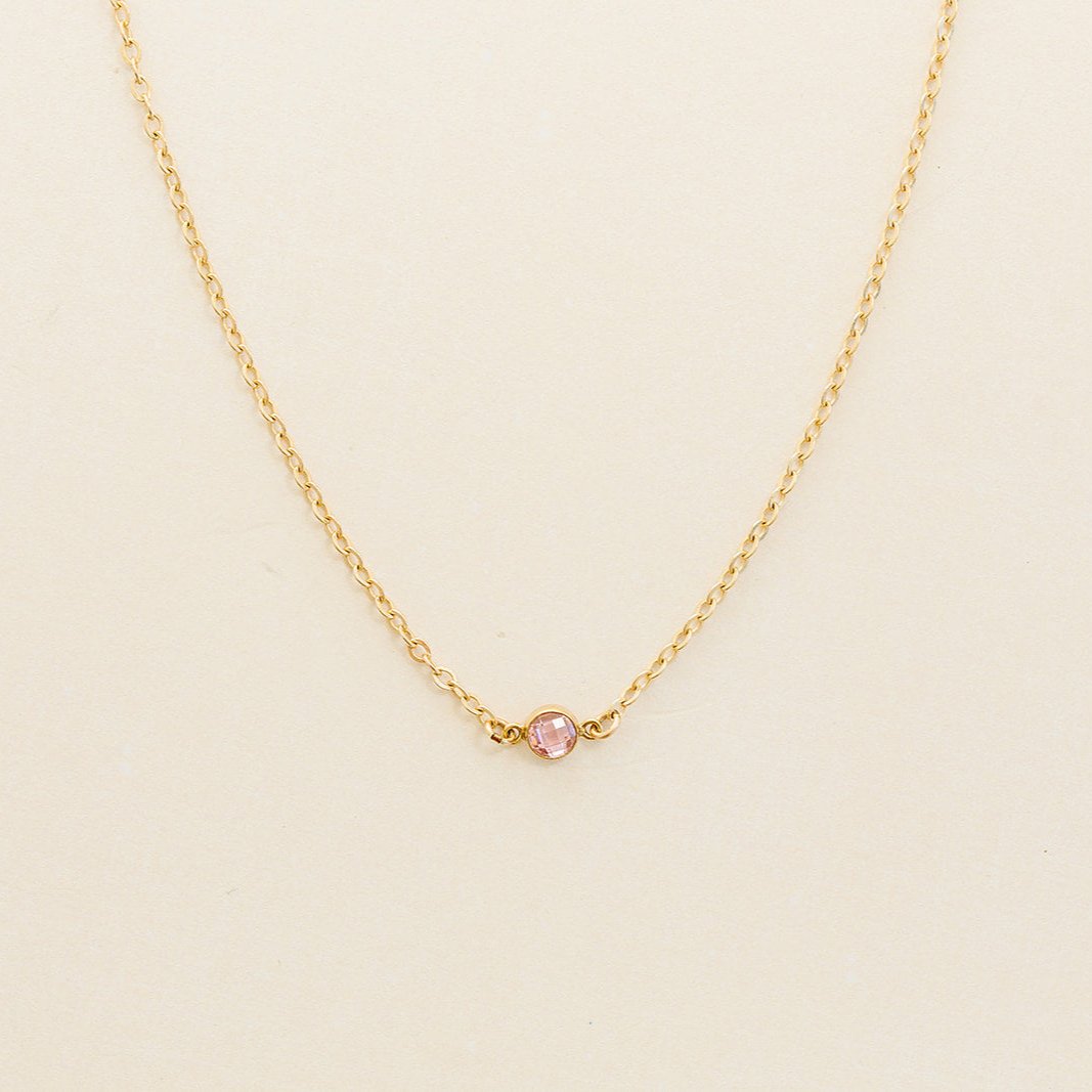 pink tourmaline birthstone necklace, birthstone necklace, necklace, cable chain necklace, 14k gold-filled, essbe, michigan made