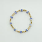 floral bracelet, beaded bracelet, elastic bracelet, statement bracelet, 14k gold filled bracelet, fall collection, fall accessories, stackable jewelry, dainty jewelry, essbe, small business, handmade, michigan made, blue porcelain looking bracelet beads