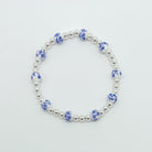 floral bracelet, beaded bracelet, elastic bracelet, statement bracelet, sterling silver bracelet, fall collection, fall accessories, stackable jewelry, dainty jewelry, essbe, small business, handmade, michigan made, blue porcelain looking bracelet beads