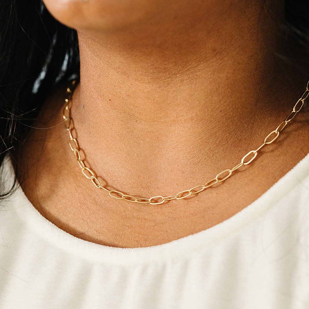 paperclip necklace, big paperclip necklace, chunky paperclip, essbe, gift idea for her, rochester, Michigan, handmade, small business, chain necklace, stackable necklace, waterproof necklace, gold-filled necklace, sterling silver necklace