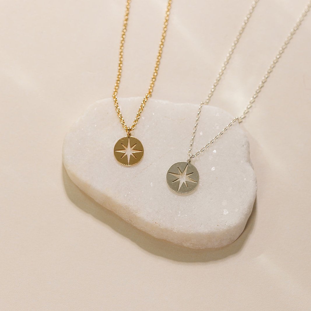 compass charm necklace, 14k gold-filled, classic cable chain, michigan made, small business, essbe, handmade, stackable necklace, sterling silver necklace