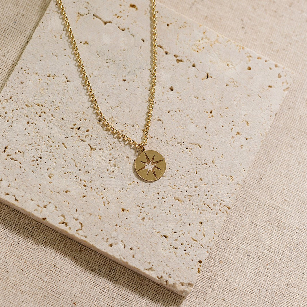 compass charm necklace, 14k gold-filled, classic cable chain, michigan made, small business, essbe, handmade, stackable necklace