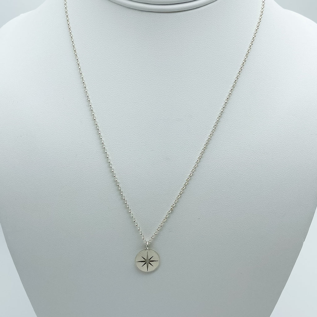 compass charm necklace, sterling silver, classic cable chain, michigan made, small business, essbe