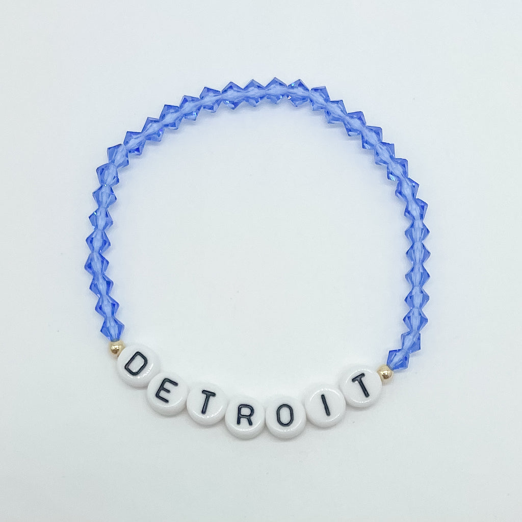 Lions bracelet, Detroit Lions accessory, small business, handmade, Michigan made, Essbe, Detroit beaded bracelet, Detroit bracelet, Blue bracelet, beaded bracelet, elastic bracelet, precioso beads, letter bracelet