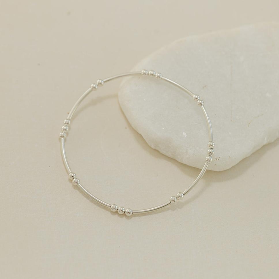 sterling silver beaded bracelet, bracelet with texture, bracelet stack, essbe, michigan made, small business, handmade, elastic bracelet, stackable bracelet