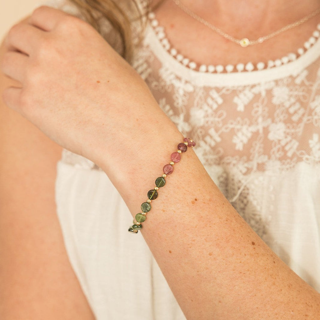 Elodie beaded bracelet, fall bracelet, flat bead bracelet, 14k gold-filled spacer beads, small business, handmade, essbe, michigan made, fall collection, tourmaline beads, flat natural tourmaline beads, elastic bracelet, sterling silver beaded bracelet, bracelet inspo