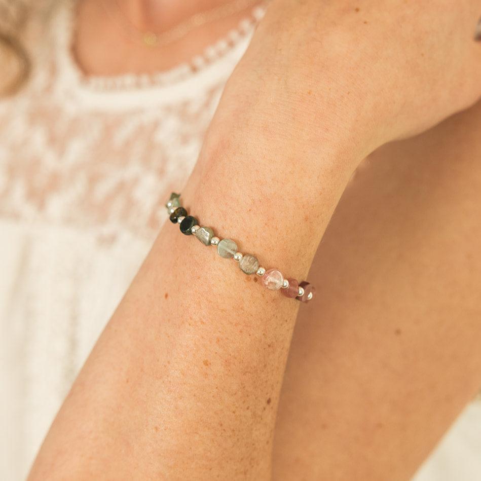 Elodie beaded bracelet, fall bracelet, flat bead bracelet, sterling silver spacer beads, small business, handmade, essbe, michigan made, fall collection, tourmaline beads, flat natural tourmaline beads, elastic bracelet, sterling silver beaded bracelet, bracelet inspo