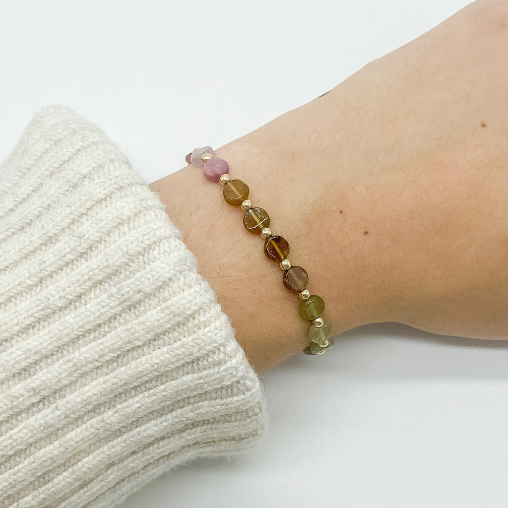 Elodie beaded bracelet, fall bracelet, flat bead bracelet, 14k gold-filled pacer beads, small business, handmade, essbe, michigan made, fall collection, tourmaline beads, flat natural tourmaline beads, elastic bracelet, bracelet inspo