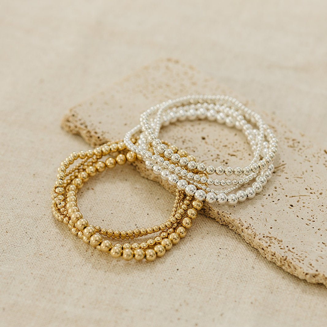 emma beaded bracelet, gold-filled beaded bracelet, sterling silver beaded bracelet, elastic bracelet, handmade, small business, 5mm beaded bracelet, 4mm beaded bracelet, 3mm beaded bracelet, 2mm beaded bracelet, trendy bracelet, best seller, gifts for her, everyday jewelry