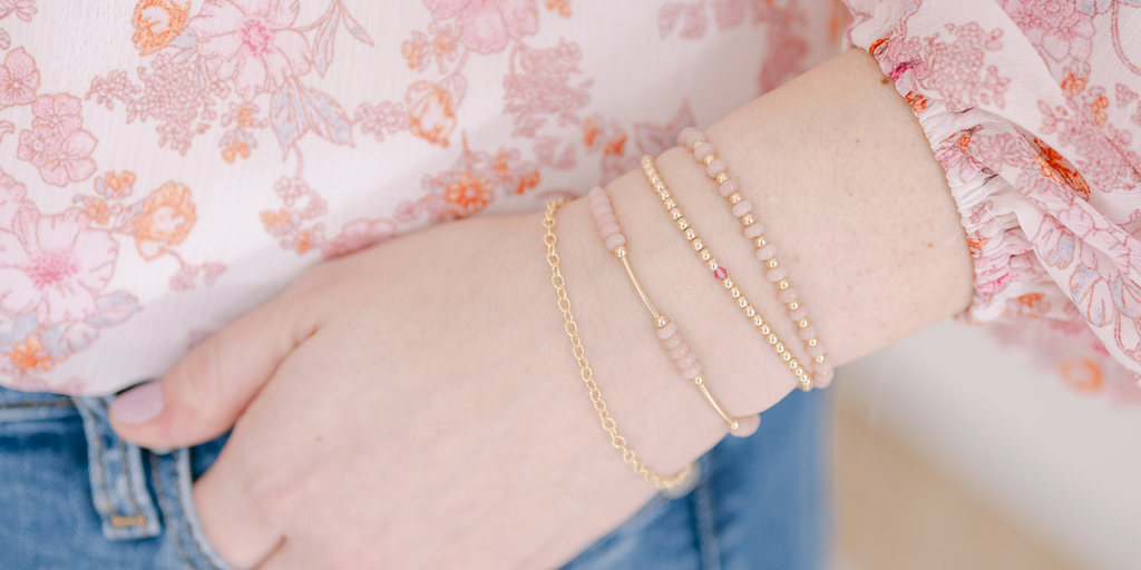 14k gold-filled bracelet, summer bracelet stack inspiration, bracelets, pink, colorful bracelets