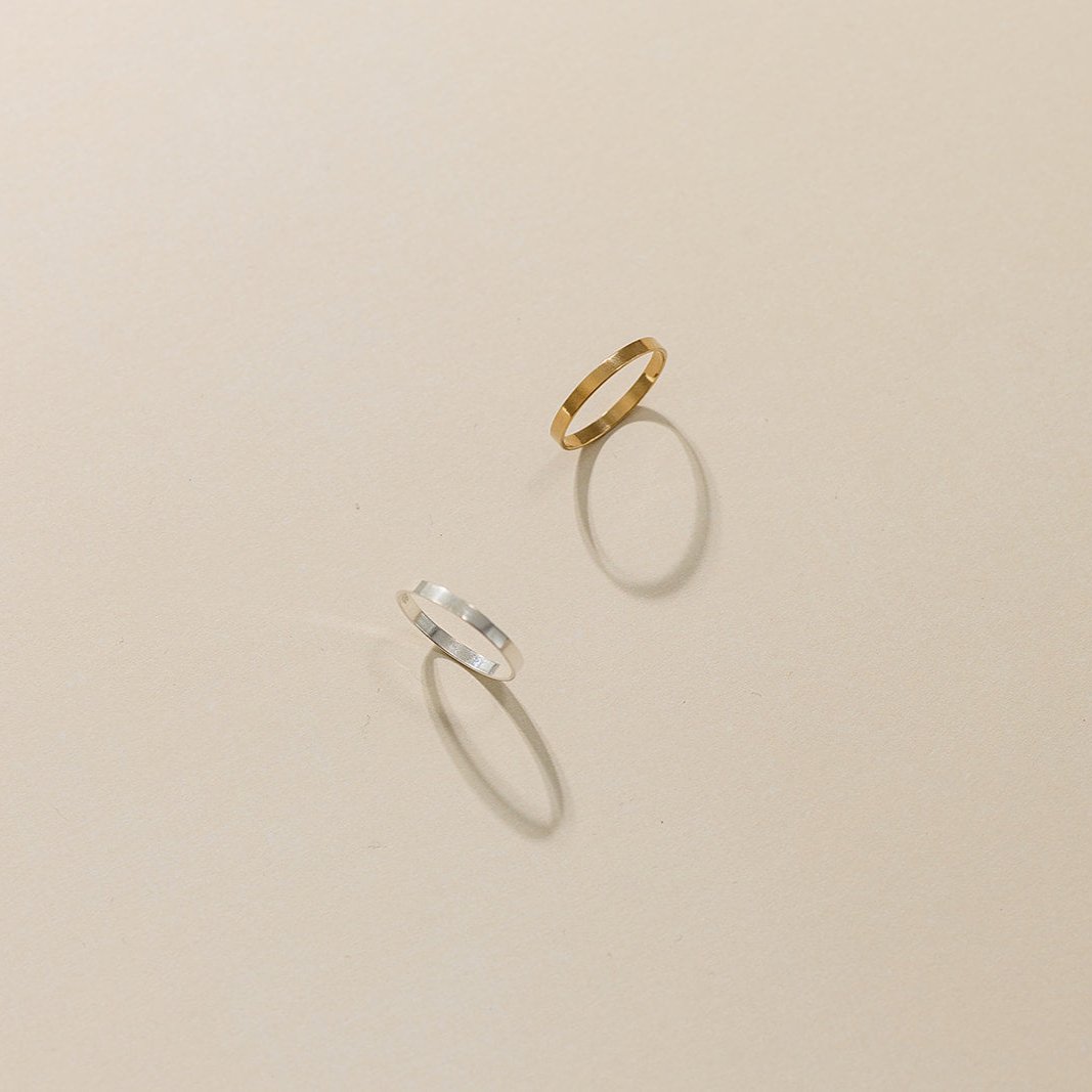 gold-filled ring, sterling silver ring, flat band ring, simple ring, dainty ring, stackable ring, water proof ring, small business, essbe, michigan