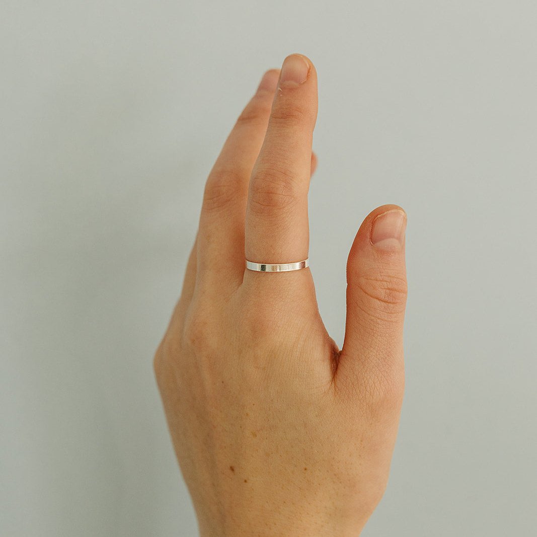 gold-filled ring, sterling silver ring, flat band ring, simple ring, dainty ring, stackable ring, water proof ring, small business, essbe, michigan