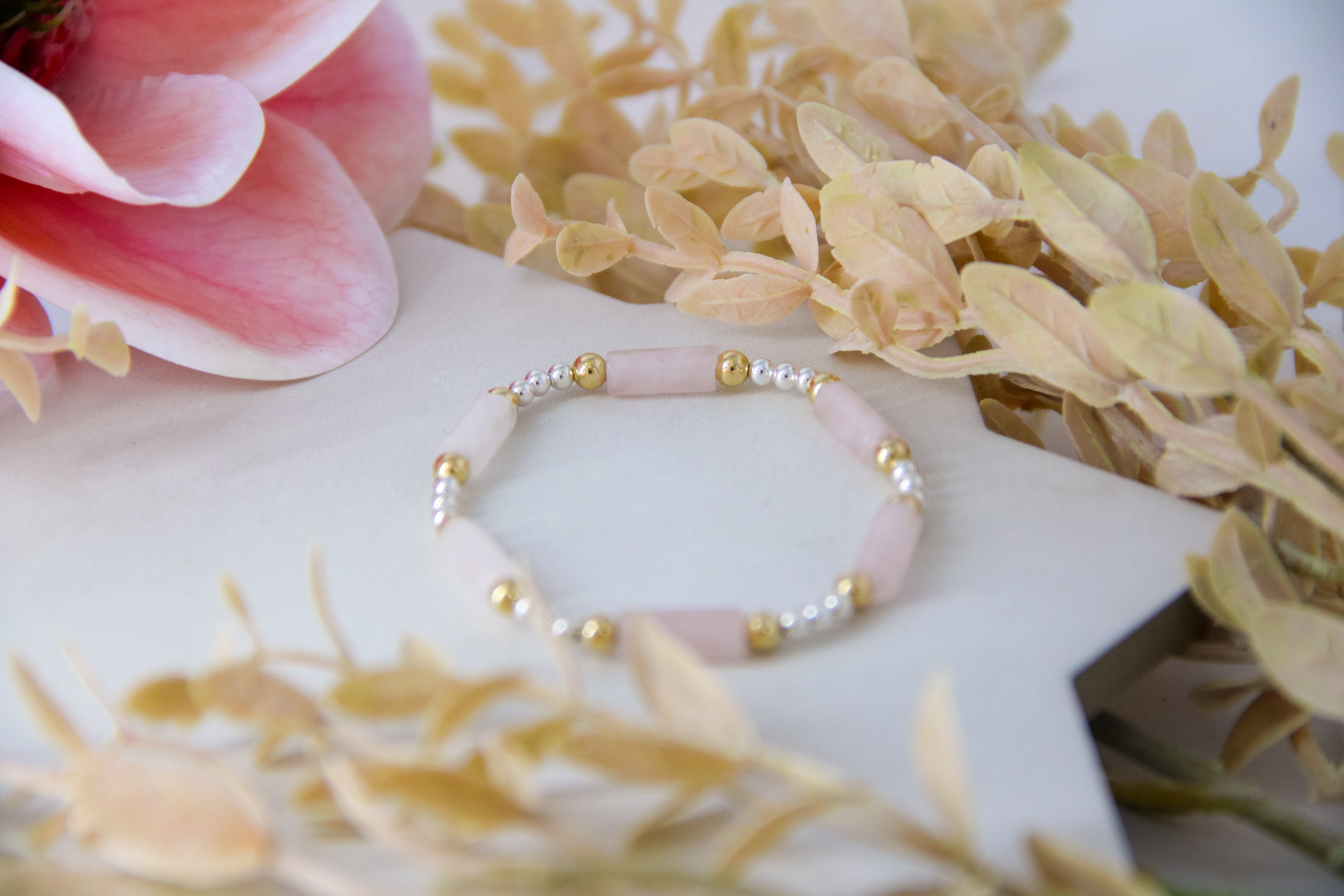 Mixed metal beaded bracelet, gold filled bracelet, sterling silver bracelet, pink beaded bracelet