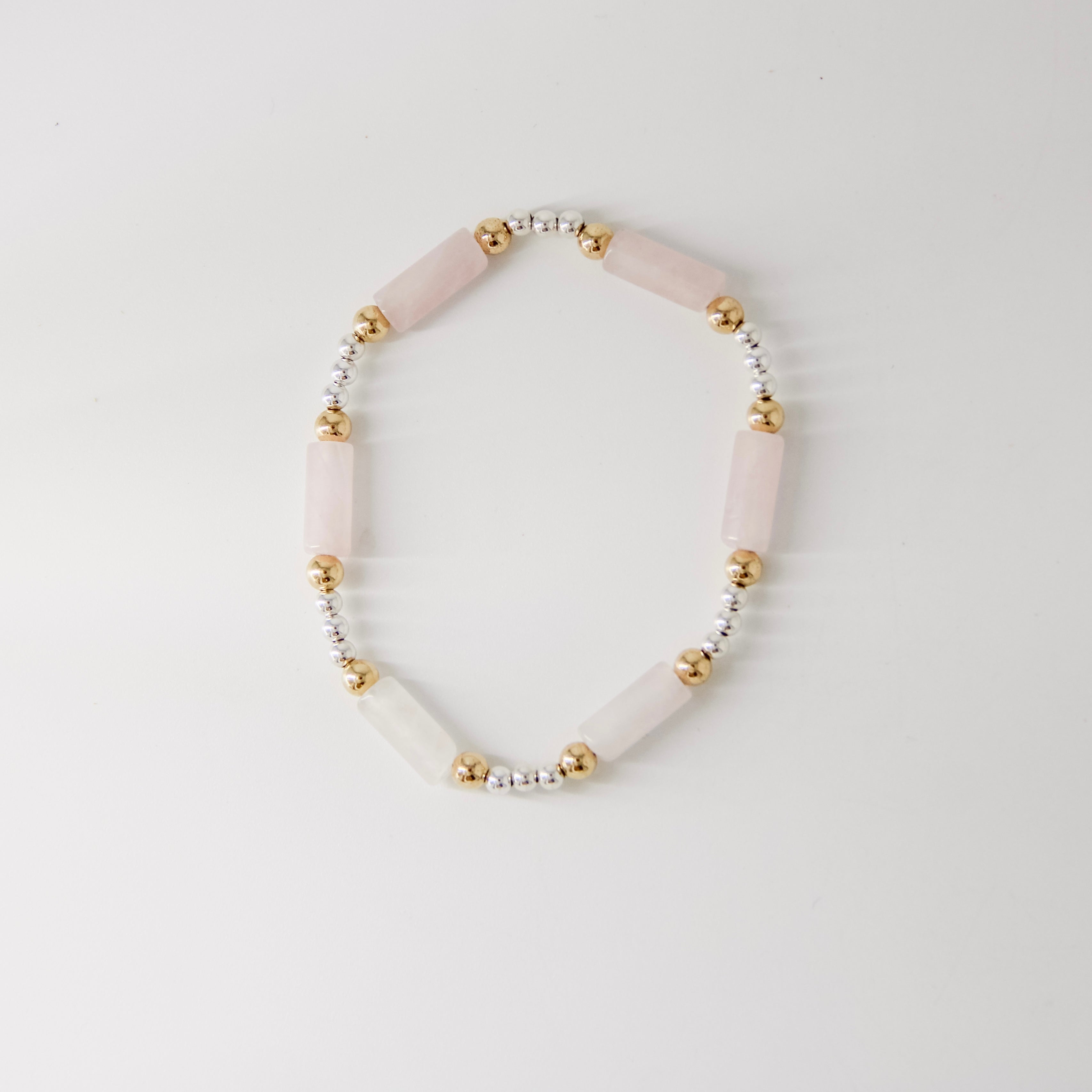 Mixed metal beaded bracelet, gold filled bracelet, sterling silver bracelet, pink beaded bracelet