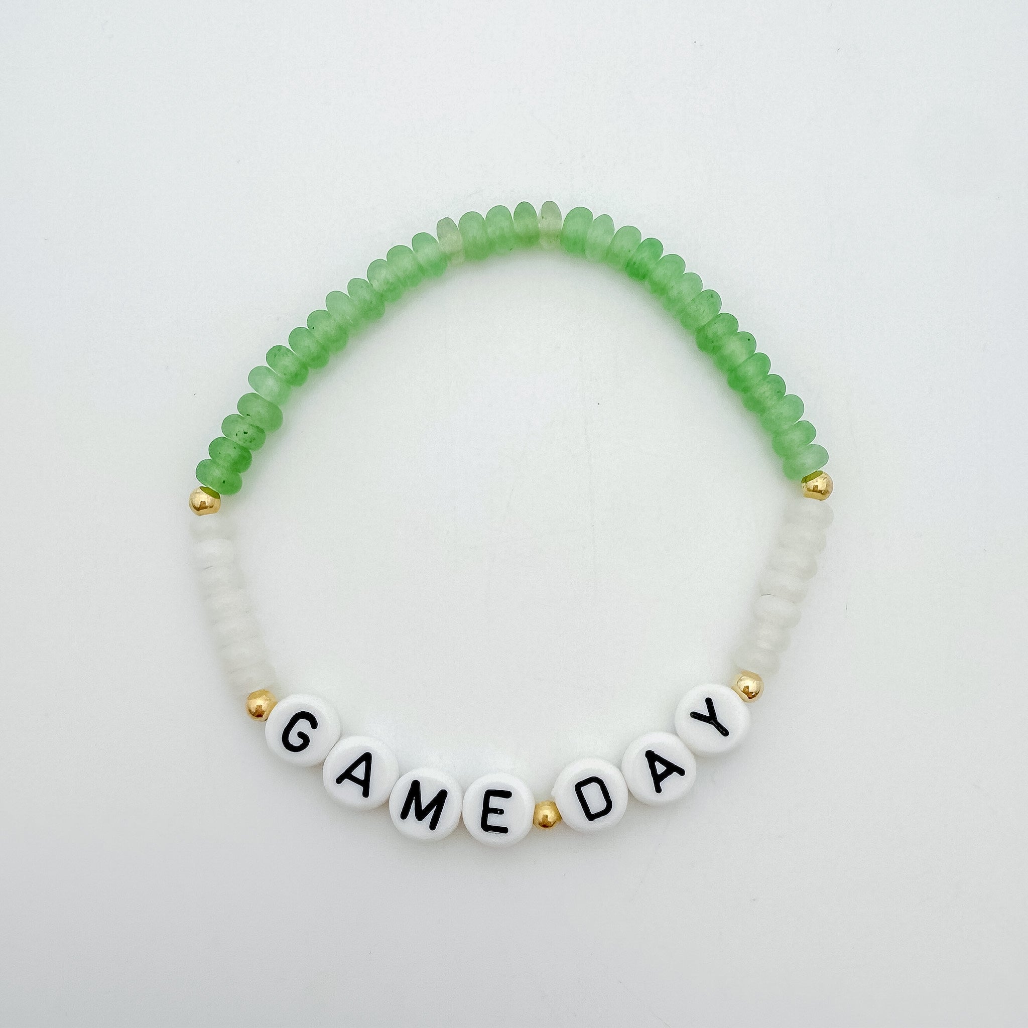 Michigan State accessories, MSU accessories, Green and white accessory, handmade, MSU bracelet, small business, Michigan made, Football jewelry, Game day jewelry, elastic bracelet, 14k gold-filled, waterproof jewelry, .925 sterling silver jewelry, game day jewelry