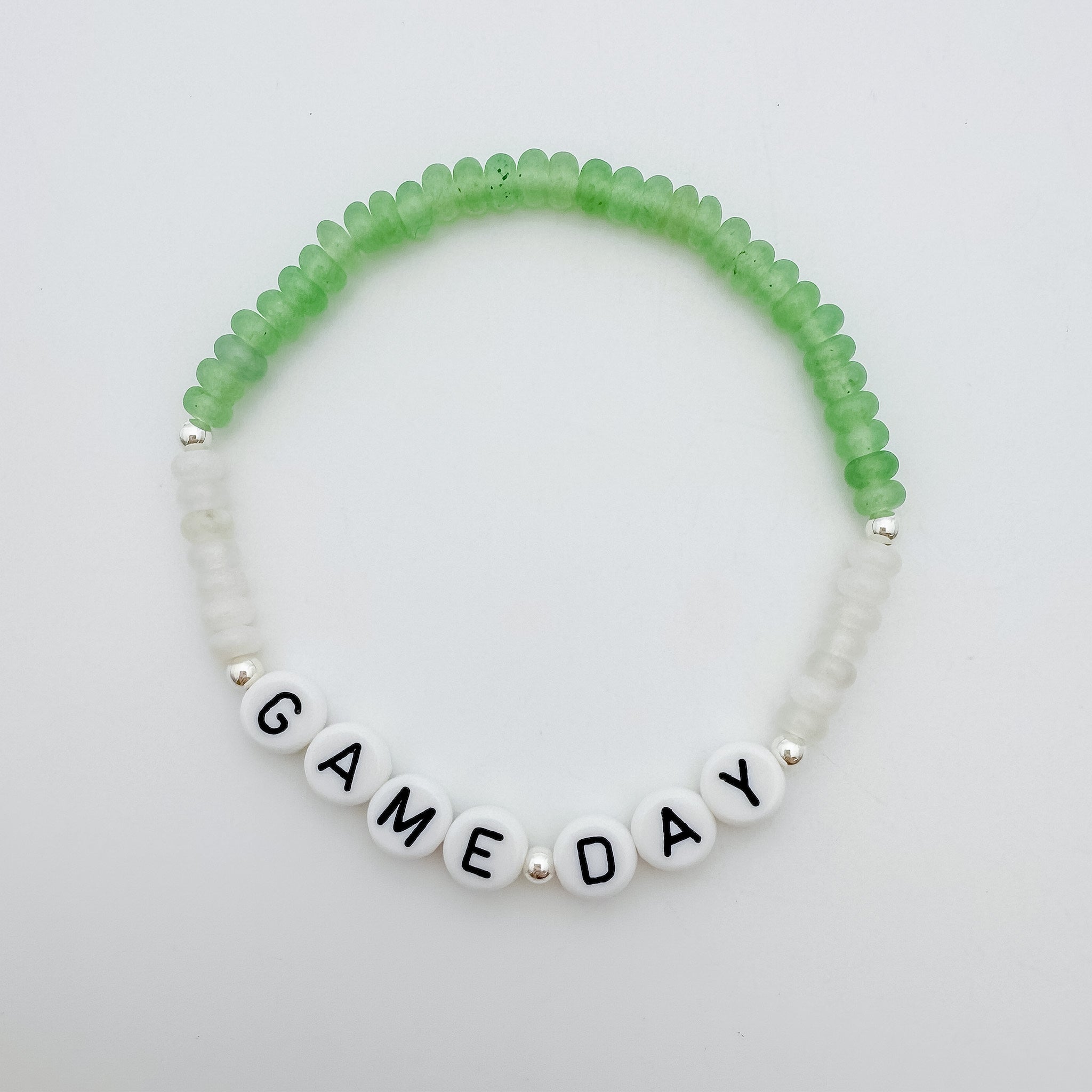 Michigan State accessories, MSU accessories, Green and white accessory, handmade, MSU bracelet, small business, Michigan made, Football jewelry, Game day jewelry, elastic bracelet, 14k gold-filled, waterproof jewelry, .925 sterling silver jewelry, game day jewelry