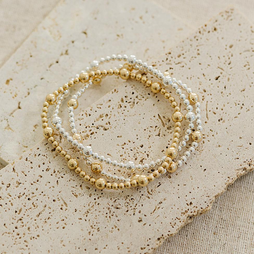 Holly beaded bracelet, 14k gold-filled bracelet, sterling silver bracelet, mixed metals bracelet, beaded bracelet, elastic bracelet, handmade, small business, everyday jewelry, waterproof jewelry